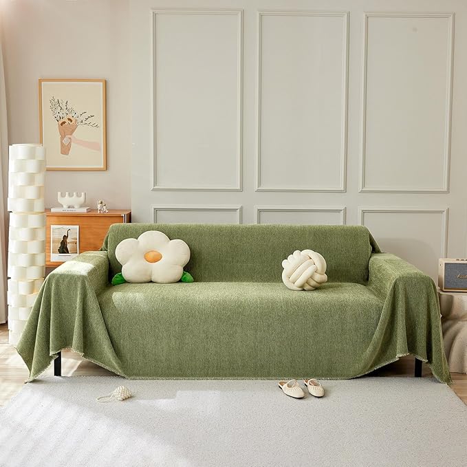 STACYPIK Christmas Matcha Green Sofa Cover Chenille Couch Covers Herringbone Sofa Covers for 3 Cushion Couch Thick Couch Covers Blanket Wear-Resistant Furniture Cover for Kids Dogs Decor-91X134IN