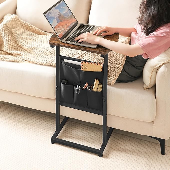 HOOBRO C Shaped End Table Set of 2, Small Side Table for Couch with Storage Bag, Slide Under Sofa, for Small Place, Sturdy Frame, Living Room, Bedroom, Rustic Brown and Black BF40SFP201