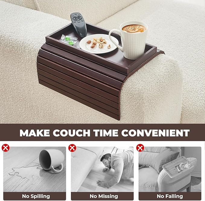 Bamboo Sofa Arm Tray, Anti Falling Couch Arm Tray Table, Foldable Couch Armrest Table, Portable Sofa Armrest Trays Cup Holder for Drink, Cups, Phone, Snacks, Remote