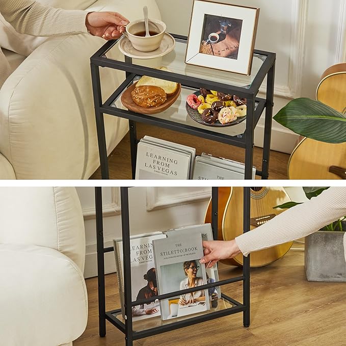 IBUYKE Narrow Side Table with Storage Shelf, 3 Tier Slim End Table,Modern Sofa Table, Small Nightstand, Telephone Table for Small Spaces,for Living Room, Bedroom, Black UTMZ002B