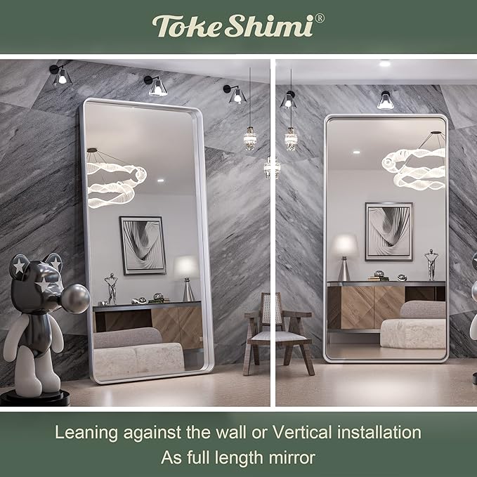 TokeShimi 72 x 36 Inch Brushed Silver Mirror Wall Mirror for Bathroom Black Metal Frame Decorative Rectangular Wall Mounted Home Decor Corner Hangs (Horizontal/Vertical)