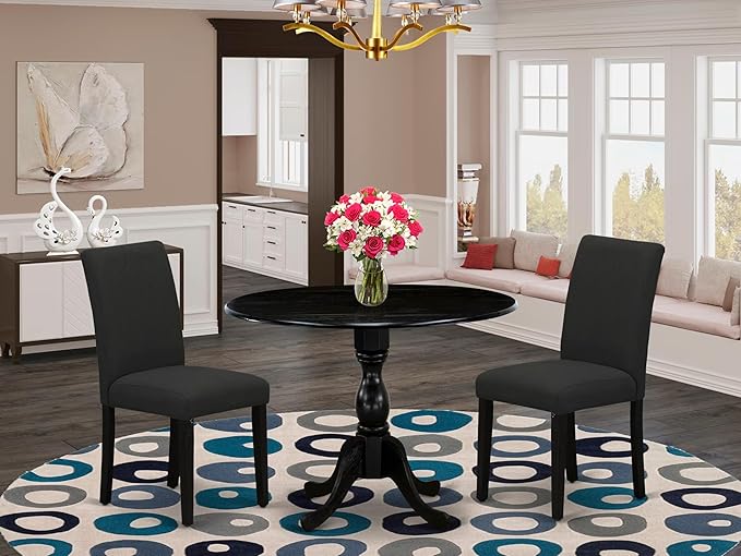 East West Furniture DMAB3-ABK-24 3 Piece Modern Dining Table Set Contains a Round Wooden Table with Dropleaf and 2 Black Color Linen Fabric Upholstered Chairs, 42x42 Inch, Wirebrushed Black