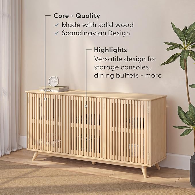 Plank+Beam Mid-Century Modern Wood TV Stand, Three Door Solid Wood Entertainment Console with Storage, 59" L x 16" W x 30" H, Blonde