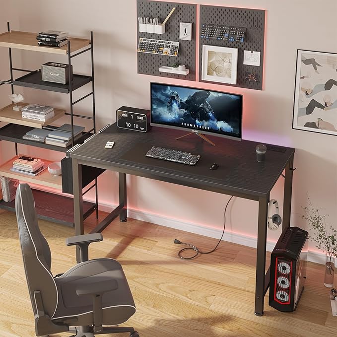 Lufeiya Gaming Desk with Power Outlet, 47 inch Teen Study Table Home Office Work Writing Computer Desks with Charging Station Outlets Built in, Black