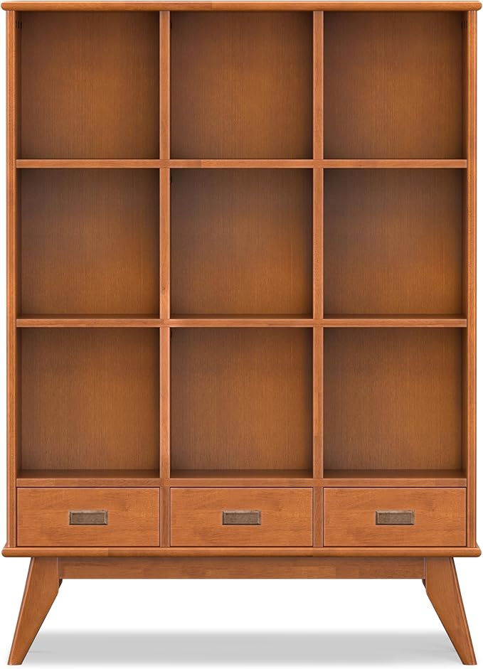 SIMPLIHOME Draper Bookcase - 58 inch Tall 9-Cube Solid Hardwood Cube Organizer with Drawers in Teak Brown, Mid-Century Storage for Living Room, Entryway or Bedroom with Cubbies and Angled Legs