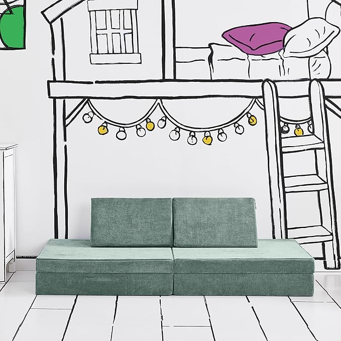 Yourigami Kids and Toddler Play Couch, Convertible Folding Sofa, Durable Foam Modular Design, Green Meadows