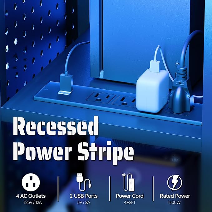 Pamray Small Rolling Gaming Desk with Led Lights Power Outlets and Storage Pegboard, Small Spaces Compact PC Computer Table Balck