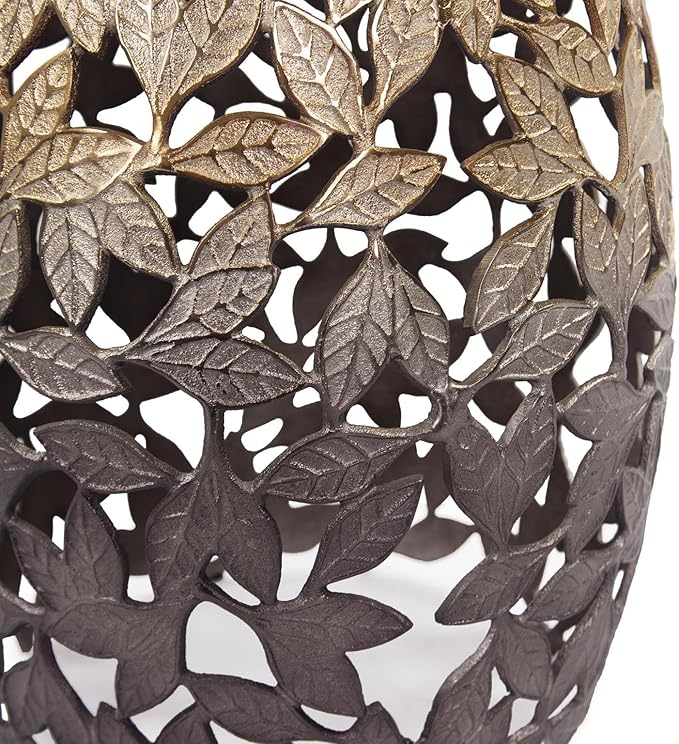 Howard Elliott Olive Leaf Round Side Table & Stool, Unique Bronze Finish Cast Aluminum Bedside Table, Modern Accent Decoration Side End Table for Living Room, Balcony & Bedroom, 17 x 16.25 Inch