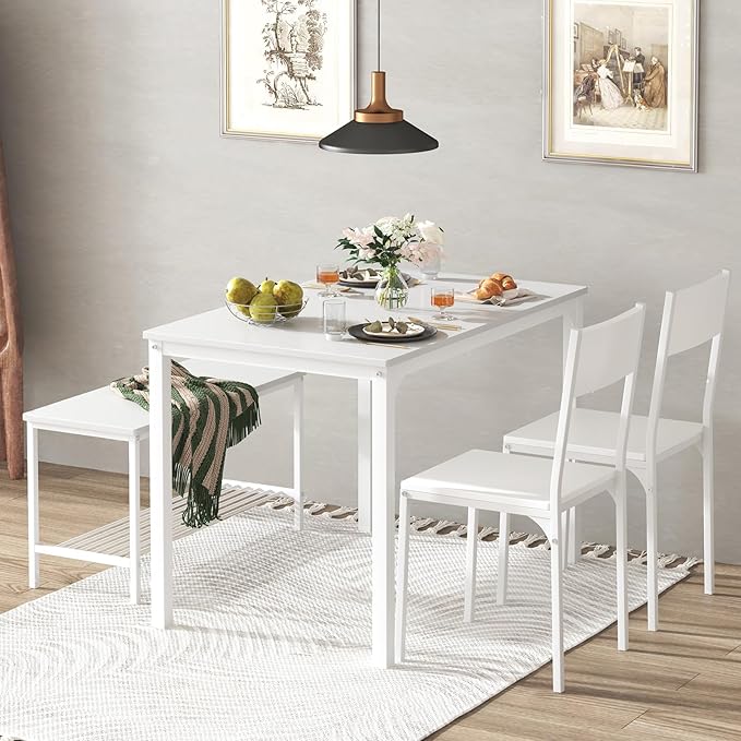 soges 4-Piece Dining Table Set with Bench - 4 Person Kitchen Table and 2 Chairs for Small Spaces, Apartment - Metal Frame & Woodgrain Tabletop, Space-Saving Design, Durable & Easy to Clean, White