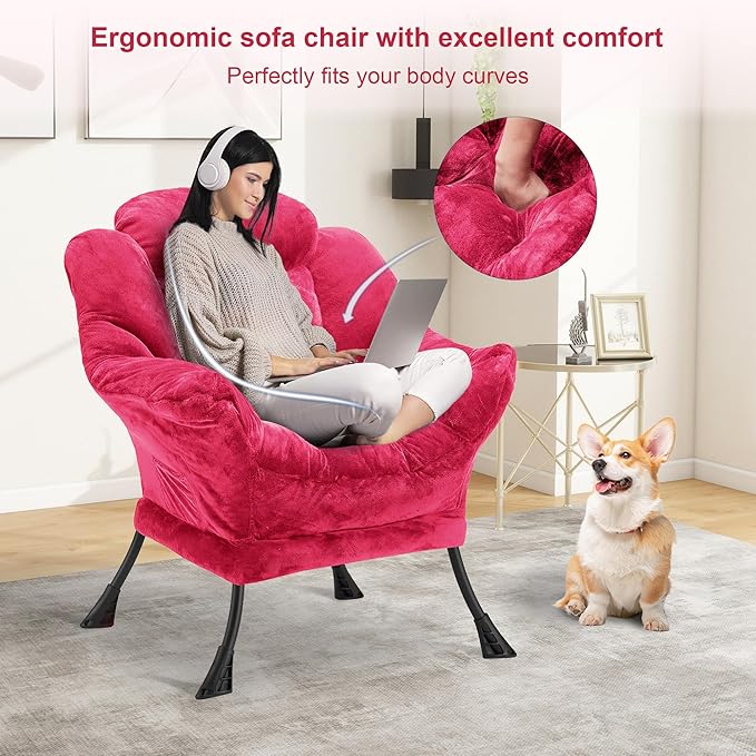 Fabric Lazy Chair for Adults, Oversized Upholstered Sofa Chair, Plush Comfy Lounge Chair with Large Side Storage Pocket, Thick Padded Reading Chair for Living Room, Bedroom, Office, Rose Red