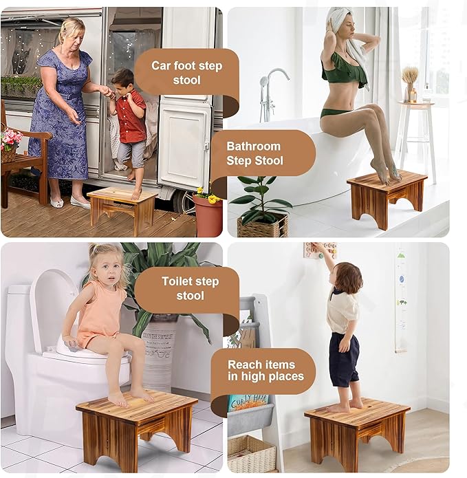 Wooden Step Stool for Adults, 9" Portable Wood Step Stool for Kids, Heavy Duty One Step Bedside Stool with 550 Lbs Load Capacity, Non-Slip White Foot Stool for Kitchen Bathroom Bedroom