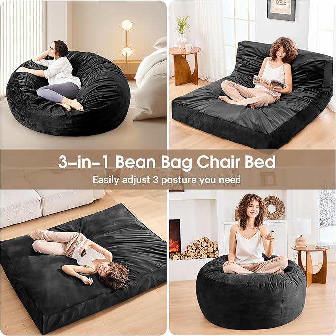 Bean Bag Chairs for Adults - Giant Bean Bag Chair Convertible Bean Bag Bed - Beanbag Chair with Micro Fiber Cover/Furniture Foam Filler - Floor Couch Sofa in Bedroom Dorm Room - Queen Carbon Black