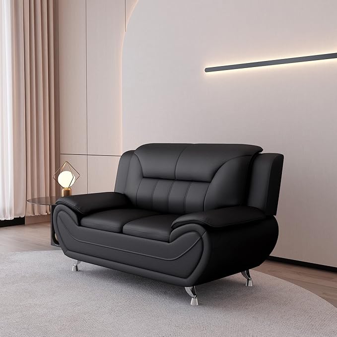 Container Furniture Direct Michael Modern Faux Leather Upholstered Stainless Steel Legs Living Room Sofa, Loveseat, Black