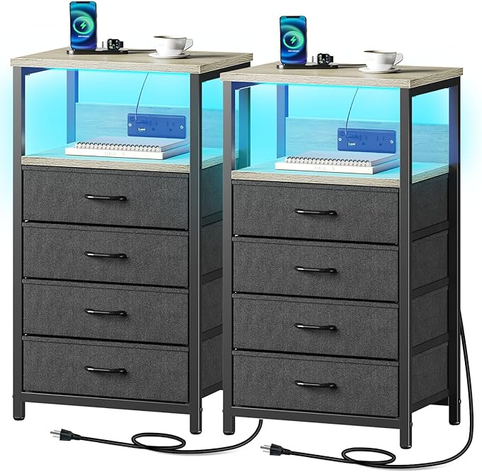 Seventable Night Stand with Charging Station, Tall Nightstand with 4 Fabric Storage Drawers, Side Table with LED Light for Bedroom, Entryway, Greige, Set of 2
