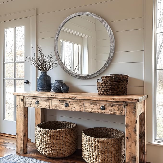 35" Round Wood Mirror, Large Wooden Round Mirror, Wood Round Mirrors for Wall Decor, Rustic Circle Wall Mirrors for Entryway, Living Room, White Washed Frame