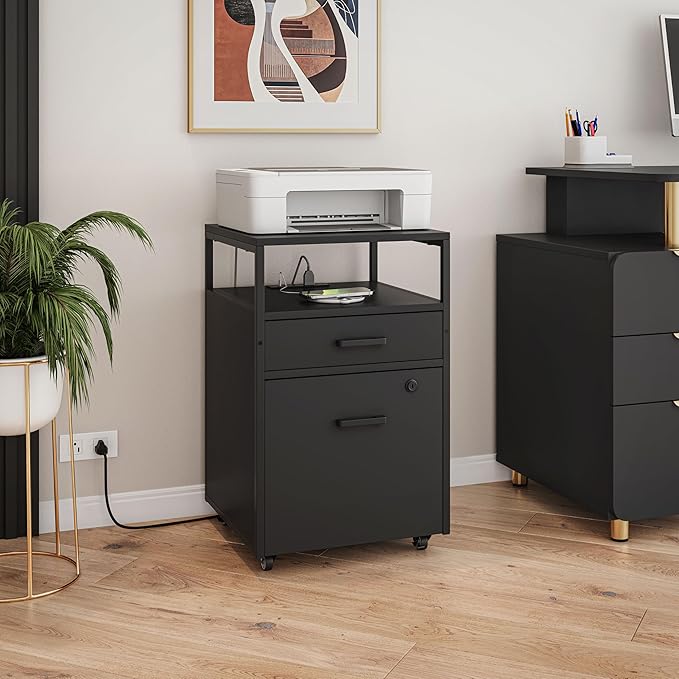 Techni Mobili Modern 2-Drawer Rolling File Cabinet with Lock, 2 USB Ports and Power Outlet for Device Charging, Portable File Organizer or Printer Stand for Office or Home with Locking Wheels, Black