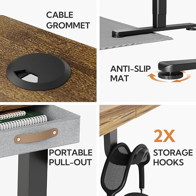 Seang Standing Desk with Drawer, 55" x 24" Height Adjustable Stand Up Desk, 3 Memory Height Settings with Cable Grommets & Storage Hooks, Ideal for Home & Office, Rustic Brown