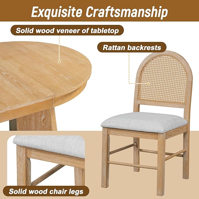 Ball & Cast Retro Dining Table Set for 4 with 4 Upholstered Chairs,5-Piece Wooden Living Room Furniture W/ 58" Round Extendable Kitchen Desk,for Small Space,Apartment,Dining Room,Natural Wood Wash