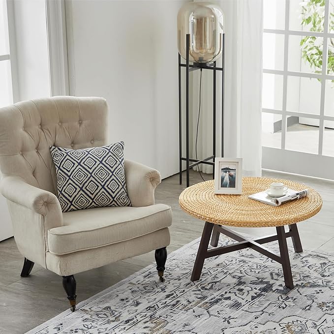 RANDEFURN Coffee Table Round, Seagrass Coffee Tables,Pine Wood X Base Frame Cocktail Table, Easy Assembled, Multiple Sizes for Living Room, Solid Wood Table,32 x 17 Inches,Natural