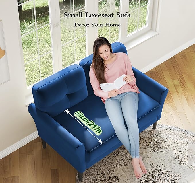 Small Sofa Couch, 48" Loveseat Sofa, Soft Velvet Love Seat Couches, Small Couch for Bedroom with 21" Deep Seat, Comfy Couches for Living Room, Tool-Free Setup Sofas for Living Room, Dark Blue