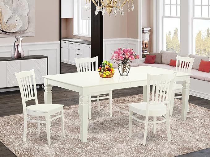East West Furniture LGGR5-LWH-W 5 Piece Dining Room Table Set Includes a Rectangle Wooden Table with Butterfly Leaf and 4 Kitchen Dining Chairs, 42x84 Inch, Linen White