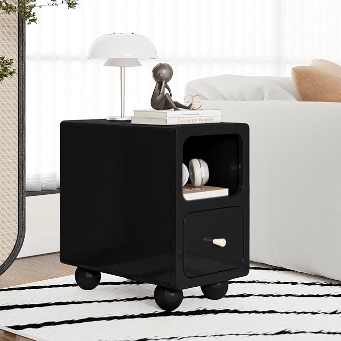 Solid Wood Nightstand, Narrow Night Stand with Drawers, Black Mid Century Modern Nightstand, Small Beside Table with Open Storage Shelf for Bedroom (10 inch)