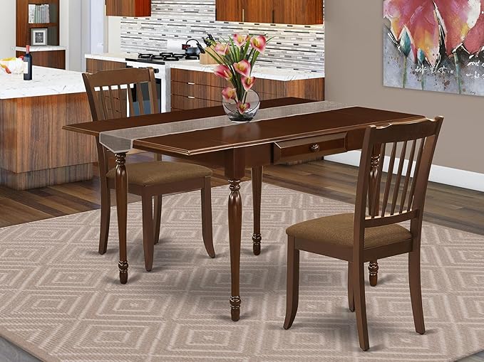 East West Furniture MZDA3-MAH-C 3 Piece Kitchen Table Set for Small Spaces Contains a Rectangle Dining Table with Dropleaf and 2 Linen Fabric Upholstered Chairs, 36x54 Inch, Mahogany