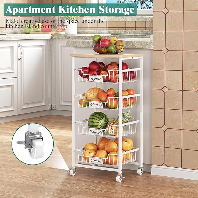 Fruit Vegetable Basket for Kitchen Pantry Storage Organizer, 5-Tier Metal Utility Kitchen Rolling Cart on Wheels with Drawer Rack and Wood Top for Potatoes Onions