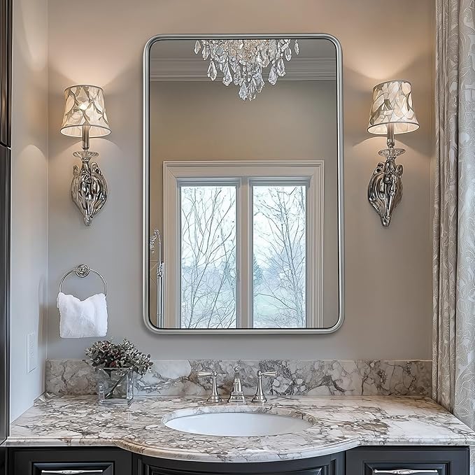 ANDY STAR 24x36 Brushed Nickel Bathroom Mirror, Stainless Steel Metal Frame with Rounded Corner Rectangle Bathroom Mirror for Over Sink, Modern Silver Mirror for Bathroom, Power Room, Living Room