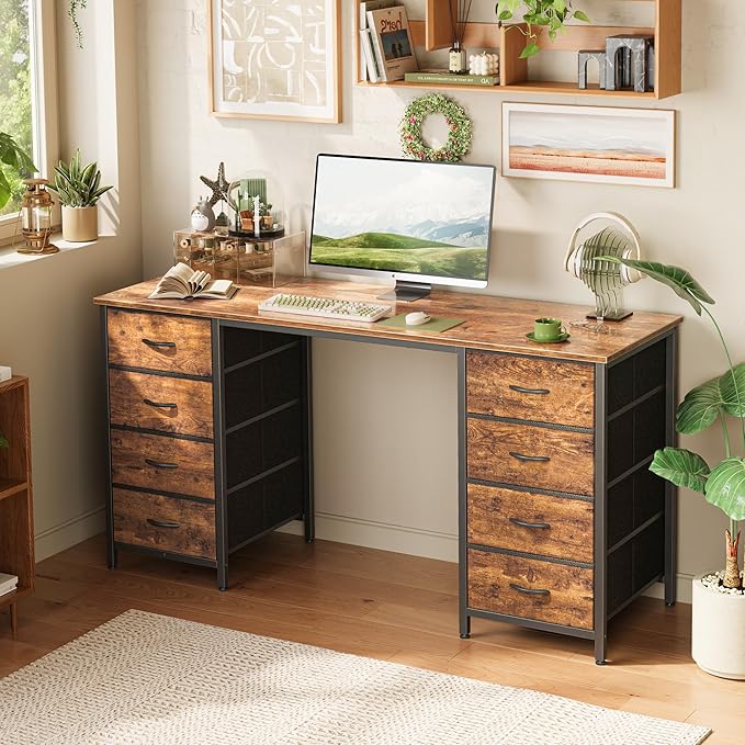 Huuger 55 Inch Computer Desk with 8 Fabric Drawers, Office Desk Work Desk for Home Office, Study, Gaming Desk with Drawers, Large Storage, Rustic Brown