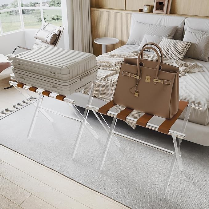 Sumerflos Acrylic Luggage Rack for Guest Room - Foldable Suitcase Stand with Leather Straps for Bedroom Living Room Hotel Heavy-Duty, Holds up to 50-100 lb lightweight Space Saving (Brown & Handle - 2 Pcs)