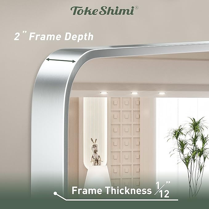 TokeShimi 24 x 36 Inch Brushed Silver Bathroom Mirror for Wall Brushed Brass Metal Rounded Corner Rectangle Mirror Metal Frame Deep Set Design Hangs Horizontal Or Vertical
