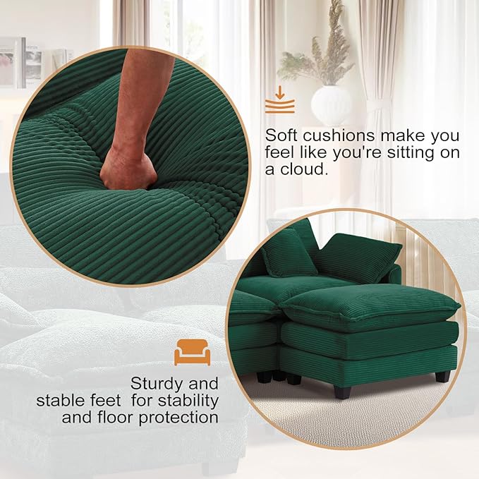Furniliving Oversized Accent Chair with Ottoman, Luxury Corduroy Single Sofa, Upholstered Deep Seat Chaise Lounge with Pillows for Living Room, Bedroom, Apartment, Green