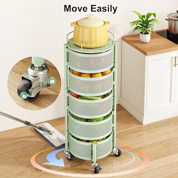 SAYZH Fruit Vegetable Basket for Kitchen, Rotating Storage Rack, 5 Tier Rolling Cart with top lid, Large Metal Wire Basket for for Potato Onion Snack, Black (Green)