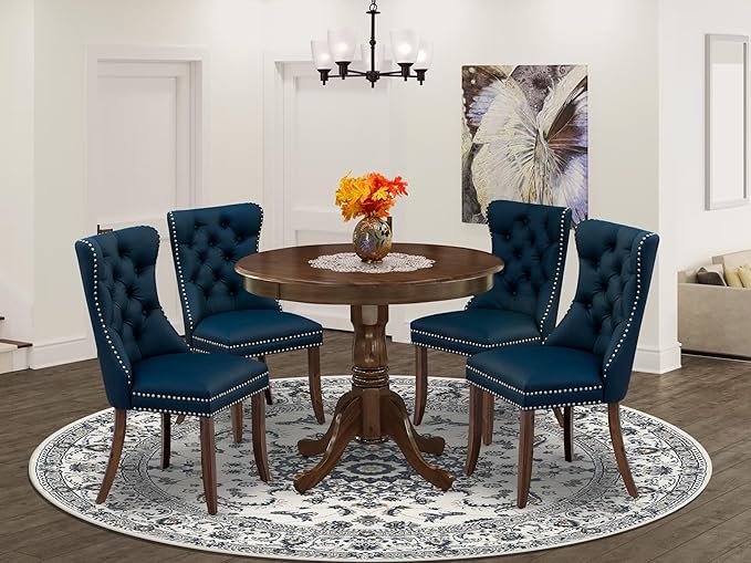 East West Furniture ANDA5-AWA-29 5 Piece Kitchen Table & Chairs Set Contains a Round Dining Table with Pedestal and 4 Polyester Fabric Upholstered Chairs, 36x36 Inch, Antique Walnut
