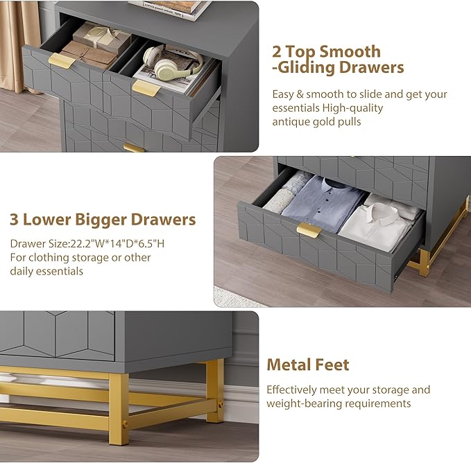 GAOMON Grey 5 Drawer Dresser for Bedroom, Chest of Drawers with Metal Base, Modern Dresser Chest Cabinet Organizer for Living Room, Hallway, Closet