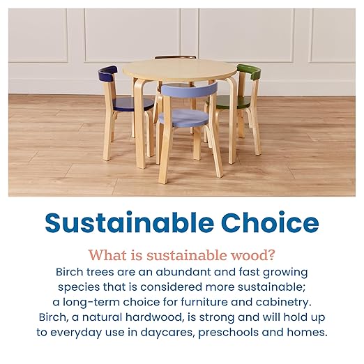 ECR4Kids Bentwood Round Table and Curved Back Chair Set, Kids Furniture, Earthtone, 5-Piece