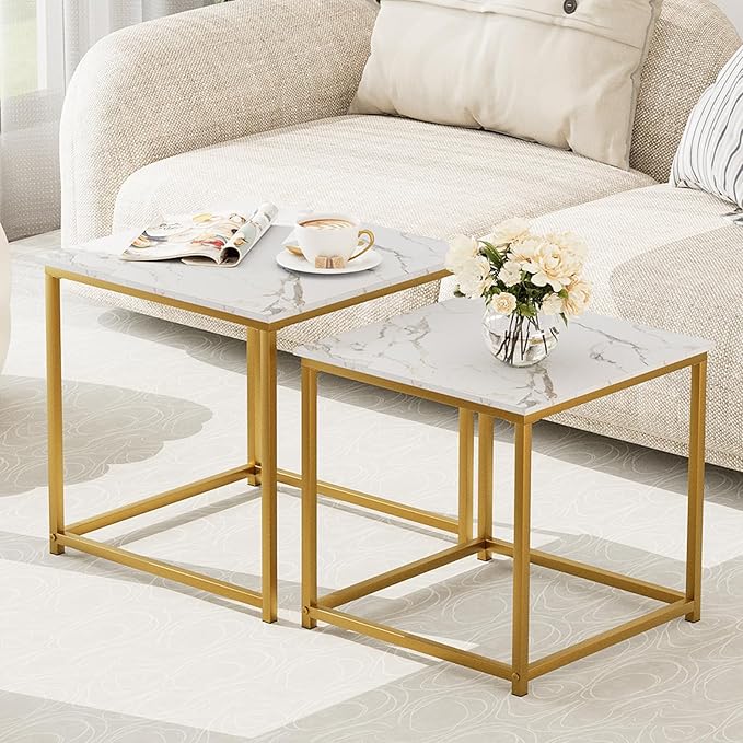 Garden 4 you Coffee Table Set of 2, Modern Engineered Wood Nesting Table, Metal Frame Square Center Table Set, Side Tables, Nesting Coffee Table for Living Room, Bedroom and Small Spaces, 19.7in Gold
