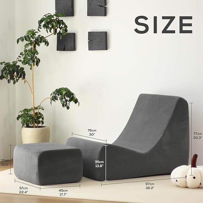 N&V Bean Bag Chair Single Seated Foam Sofa Armless Floor Sofa with High Density Foam Removable and Machine Washable Cover (Grey, Large, Corduroy Stripes)