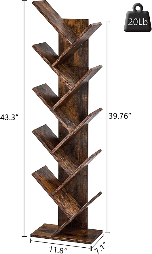 Hoctieon 10 Tier Tree Bookshelf, 10 Shelf Bookcase, Free Standing Tree Bookcase, Display Floor Standing Shelf for Books, Book Organizer Shelves for Home Office, Living Room, Bedroom, Rustic Brown