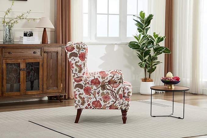 Ball & Cast Modern Accent Chair,Comfy Upholstered Armchair with Retro Wood Legs,Floral Design Single Sofa Chair,Living Room Furniture for Apartment,Bedroom,Office,Linen Fabric,Floral Red