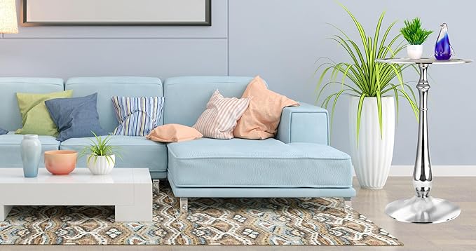 CLEENTABLE Farmhouse Pedestal Round End Table - End Table for Indoor Use - Modern Lightweight Metal Accent Side Table for Small Spaces, Nightstand, Bedroom, Living Room, Office, Balcony 21"(Silver)