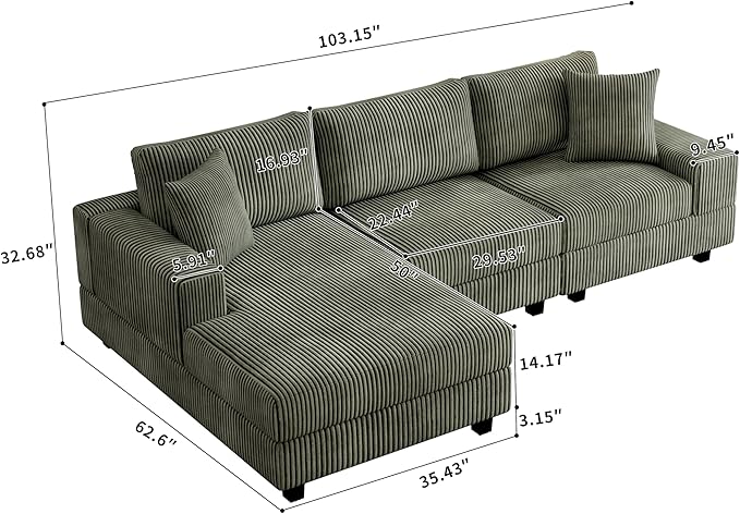 Eafurn Convertible L Shaped Modular Sectional Sofa Couch, 5 Seater Corduroy Upholstered Corner Sofa Lounge Couch with Extra Wide Reversible Chaise Lounge and Headrest for Living Room