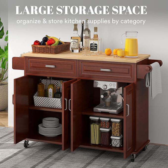 Rovibek Kitchen Island On Wheels Rolling Islands with Storage & Drawers Cabinet Spice Rack Towel Rack, Brown