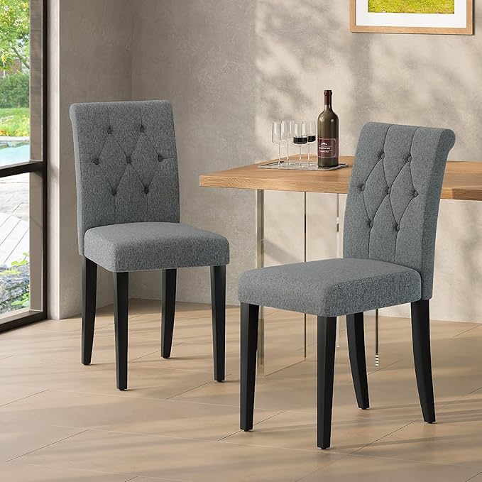 Upholstered Dining Chairs Set of 4, Button Tufted Parsons Dining Chair with Solid Wood Legs, Modern Fabric Side Chair for Dining Room/Kitchen/Restaurant/Hotel- Grey