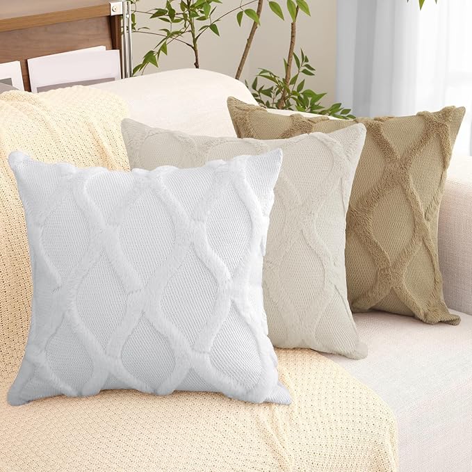 decorUhome Throw Pillow Covers 26x26 Inch Set of 2, Soft Plush Faux Fur Wool Khaki Couch Pillow Covers, Decorative Neutral Pillow Cases for Bed Sofa Living Room Home Decor