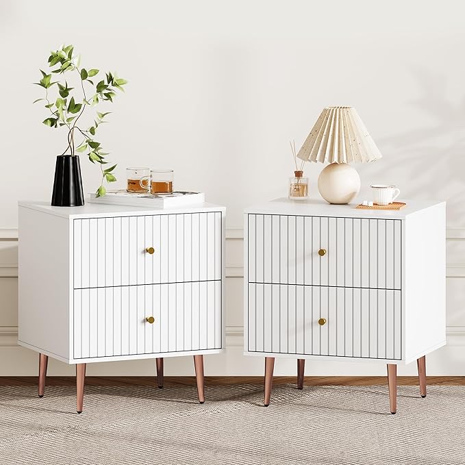 White Night Stand Set 2,Modern Bedside Table with 2 Drawers Storage,Fluted Nightstand and Wood End Side Table with Rose Gold Metal Legs and Handles for Bedroom,White