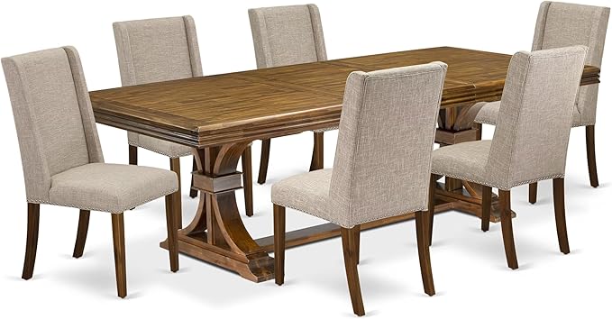 NEFL7-AWA-04-7-Piece Dining Table Set Includes a Rectangular Table and 6 Light Tan Linen Fabric Kitchen Chairs with Padded Chair Back - Antique Walnut Finish.