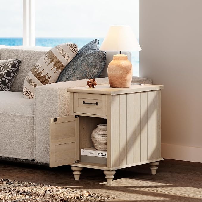 WAMPAT Beige End Table with Charging Station, Wooden Side Table with Storage Cabinet & Drawer, Elegant Nightstand with Power Outlets & USB Ports for Bedroom, Living Room