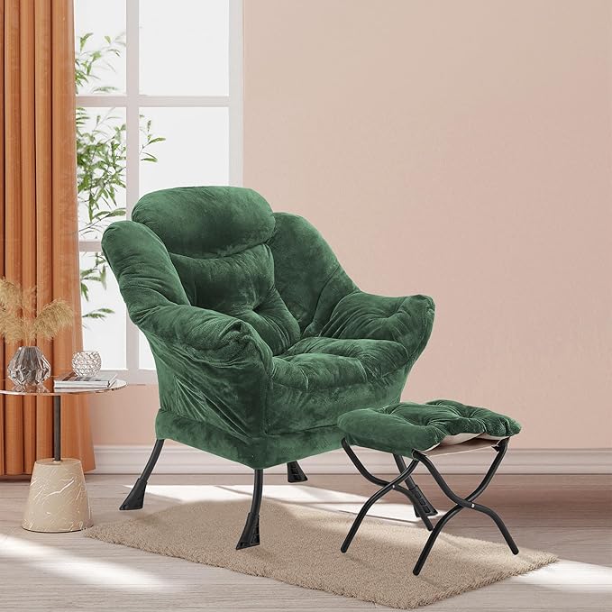 Lazy Chair with Folding Ottoman, Accent Chair Plush Upholstered with Metal Structure and Non-Slip Pads, Sofa Armchair with Footrest and Side Storage Bag for Dorm, Room, Office, Green